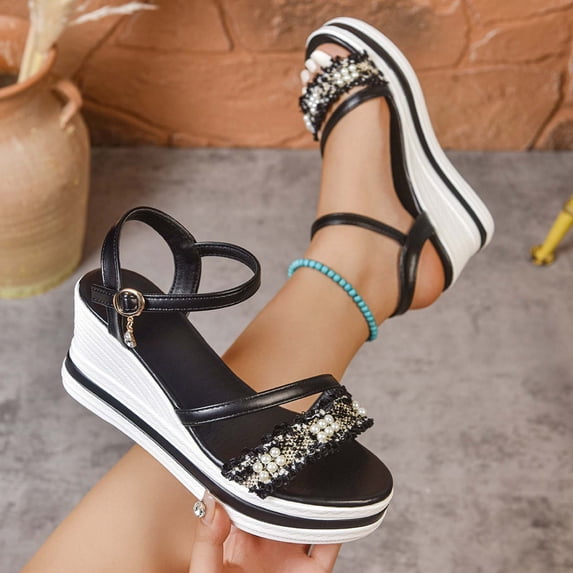 Miluxas Women's Elegant Glitter Rhinestone Platform Sandals, Womens Summer Open Toe Comfortable Elastic Ankle Strap Wedge Sandals Dressy, for Wedding Evening Black 7.5(40)