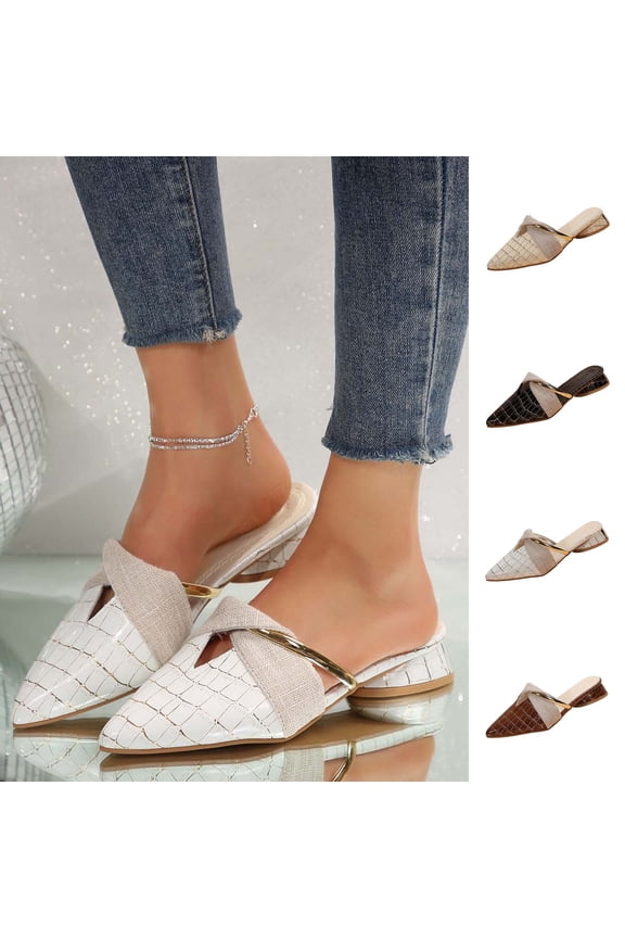 Women's Elegant Leather Pointed Toe Mules Low Block Heel Backless Loafers with Metal Accent for Stylish Daily Wear All Season White 9(42)