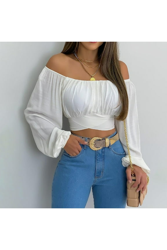 Women's Elegant Long Sleeve off Shoulder Top Tie Front Ruffle Hem Blouse White 12(XXL)