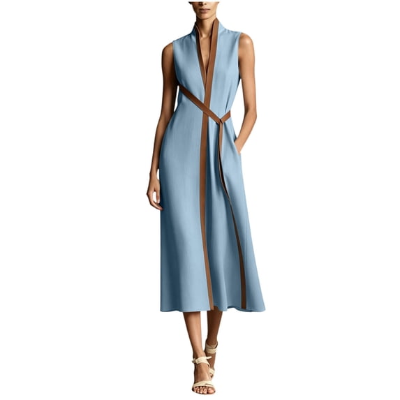 Miluxas Women's Elegant Sleeveless Wrap Midi Dress V Neck Contrast Piping and Belt Loose Flowy Dress with Pockets Business Casual Vacation Outfits Blue
