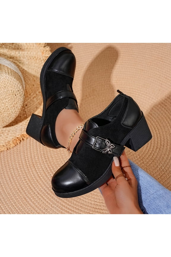 Women's Elegant Solid Color Platform Chunky Heeled Pumps, Casual Comfortable Mary Jane Shoes for Daily Wear, Outdoor Black 7.5(40)
