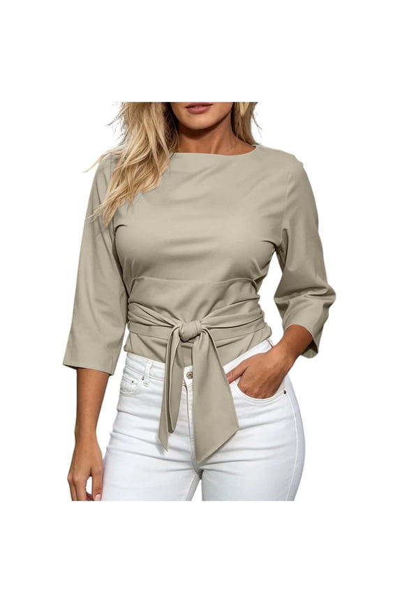 Women's Elegant Tie Front Blouse 3/4 Sleeve Boat Neck Casual Fitted T Shirts Waist Knot Wrap Work office Shirts Summer Trendy Tops Beige