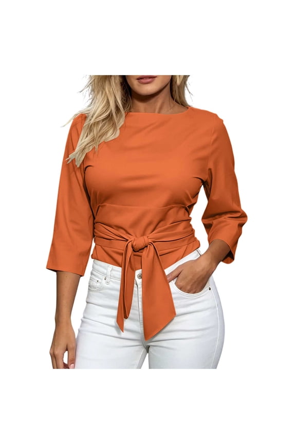 Women's Elegant Tie Front Blouse 3/4 Sleeve Boat Neck Casual Fitted T Shirts Waist Knot Wrap Work office Shirts Summer Trendy Tops Red
