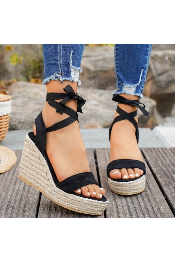 Women's Espadrille Wedge Sandals, Open Toe Lace Up Platform Wedges, Comfortable Ankle Wrap Heels Black 5.5(36)
