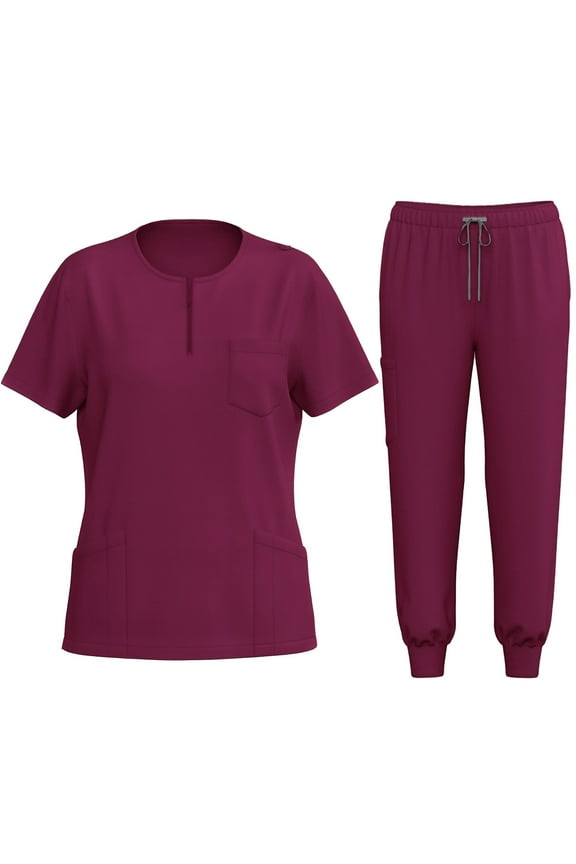 Women's Essential Jogger Scrub Set Nursing Uniform Quick Dry Stretch Scrub Top and Pant with Pockets Wine L(L)