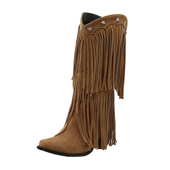 Miluxas Women's Extra Wide Calf Fringe Boots Wide Width Western Cowgirl Cowboy Boots Plus Size Comfortable for Full Figures Mid Heel Mid Tube Shoes Brown 9.5(43)
