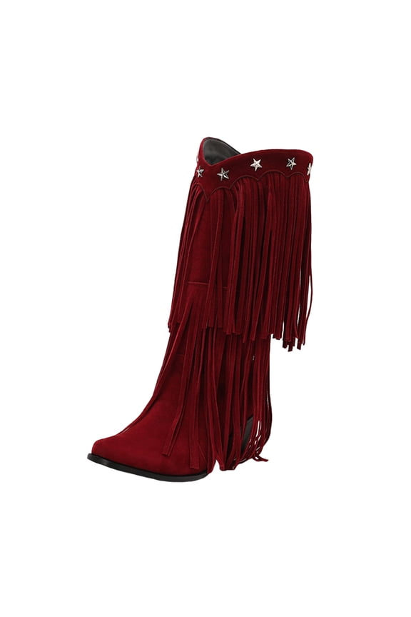 Women's Extra Wide Calf Fringe Boots Wide Width Western Cowgirl Cowboy Boots Plus Size Comfortable for Full Figures Mid Heel Mid Tube Shoes Red 8.5(41)