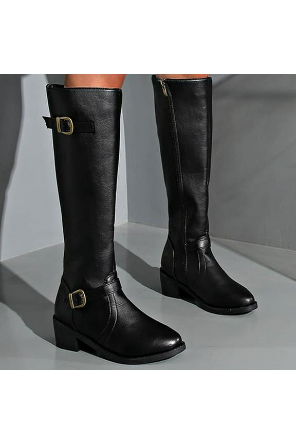 Women's Extra Wide Calf Knee High Boots, Wide Width Round-Toe Blocked Heel Winter Tall Boot Black 7(39)