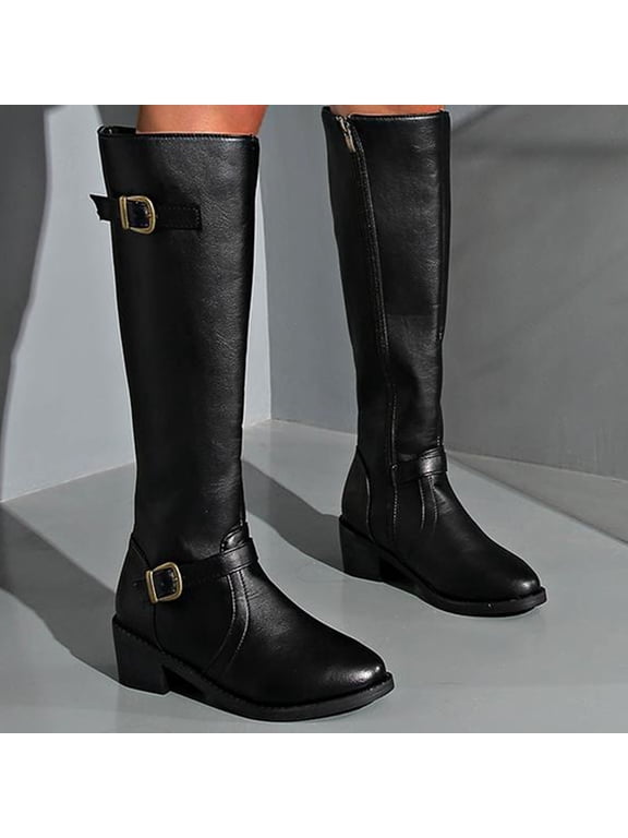 Women's Extra Wide Calf Knee High Boots, Wide Width Round-Toe Blocked Heel Winter Tall Boot Black 9.5(43)