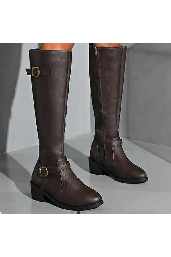 Women's Extra Wide Calf Knee High Boots, Wide Width Round-Toe Blocked Heel Winter Tall Boot Brown 6(37)