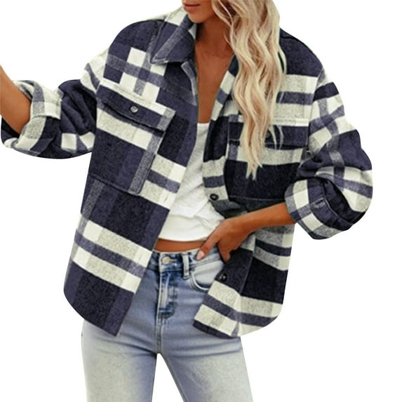 Miluxas Women's Fall Clothes Plaid Jacket Long Sleeve Button Down Shirts Fashion Coat Top with Pocket Dark Blue S(S)