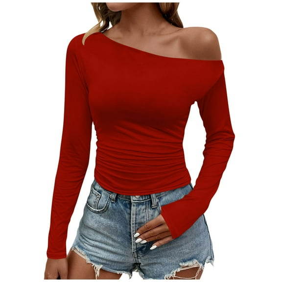Miluxas Women's Fall Shirts Solid Color Casual Long Sleeve Loose off Shoulder Pullovers Tops Red XS(XS)