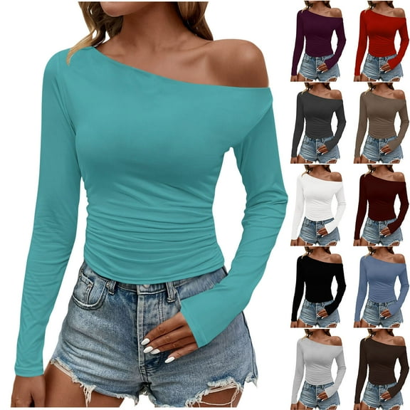 Miluxas Women's Fall Shirts Solid Color Casual Long Sleeve Loose off Shoulder Pullovers Tops White XS(XS)