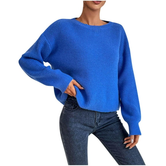 Miluxas Women's Fall Winter Loose Short Long Sleeve Knit Sweater Blue S(S)