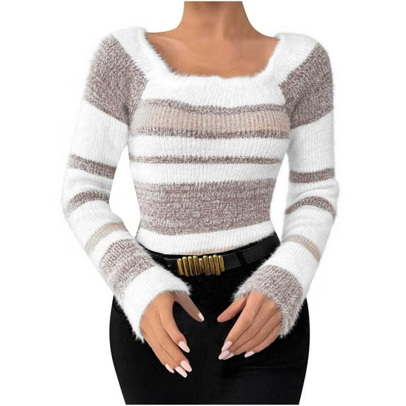 Miluxas Women's Fall Winter Striped Color Block Sweater Long Sleeve Square Neck Casual Loose Knit Pullover Tops Brown L(L)