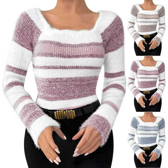 Miluxas Women's Fall Winter Striped Color Block Sweater Long Sleeve Square Neck Casual Loose Knit Pullover Tops Pink XS(XS)