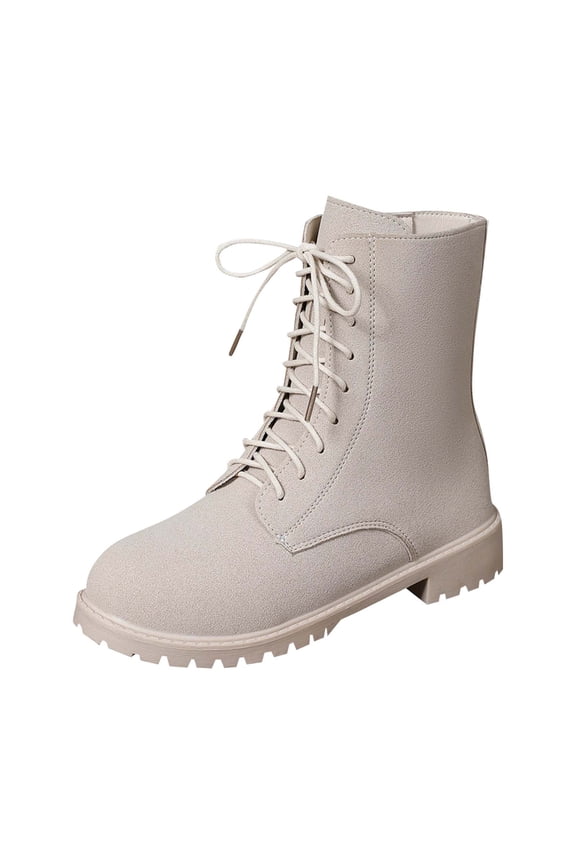 Women's Fashion Ankle Boots Low Heels Round Toe Lace up Combat Leather Bootie with Side Zipper White 6.5(38)