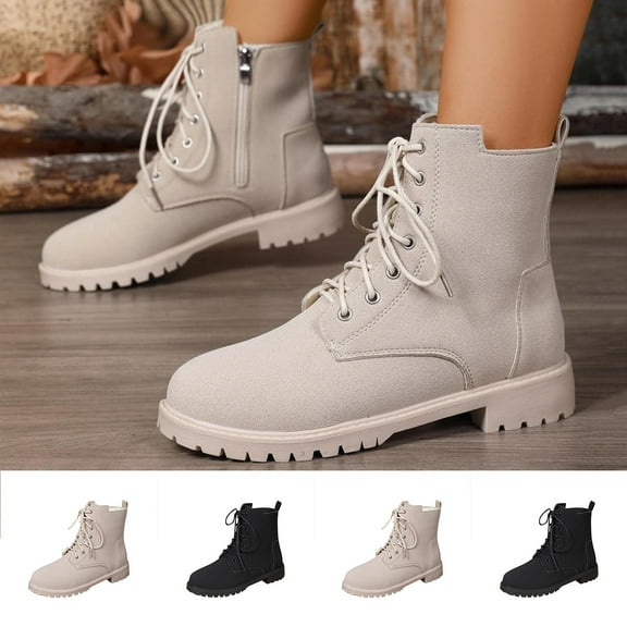 Miluxas Women's Fashion Ankle Boots Solid Color Round Toe Low Chunky Heel Lace-up Combat Bootie with Side Zipper Black 9.5(43)
