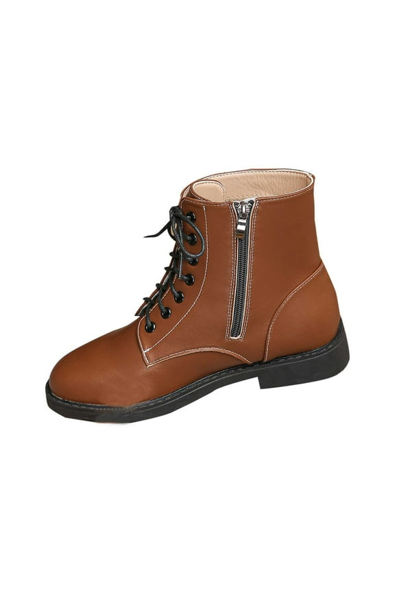 Women's Fashion Ankle Boots Winter Solid Color Low Heels Chunky Lace up Combat Bootie with Side Zipper Brown 5.5(36)