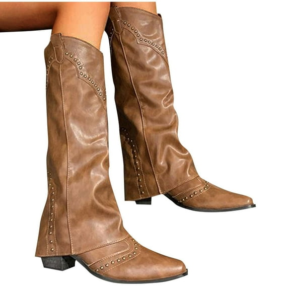 Miluxas Women's Fashion Casual All-Match Western Cowboy Metal Wear Artifact Fall and Winter Fashion Casual Thick Heel Thick Bottom Boots A-Brown 7(39)