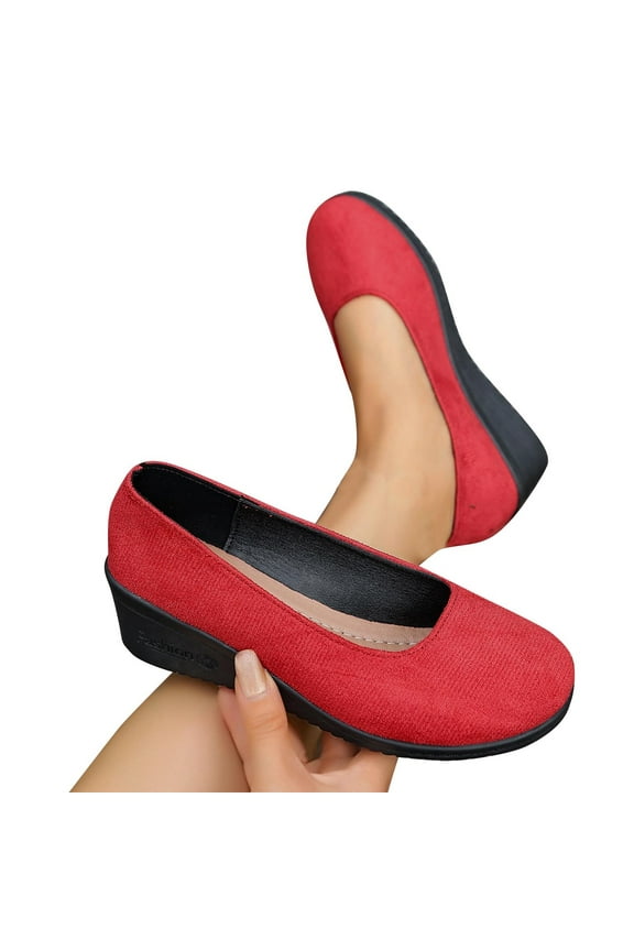 Women's Fashion Casual Solid Color Round Toe Shoes Suede Soft Sole Loafers Work Shoes A-Red 6.5(38)