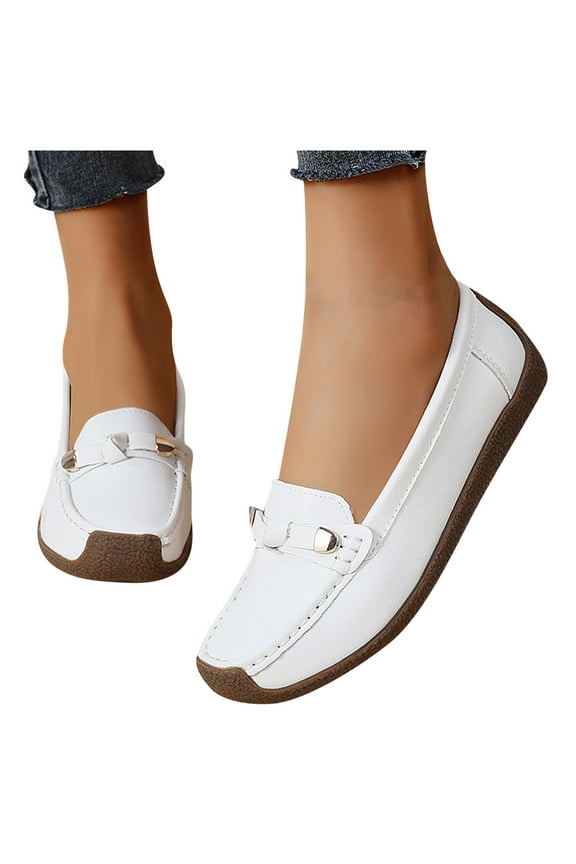 Women's Fashion Casual Spring and Summer Comfortable Style Solid Color Breathable Round Toe Closed Toe Shoes Flat Casual Shoes A-White 8.5(41)