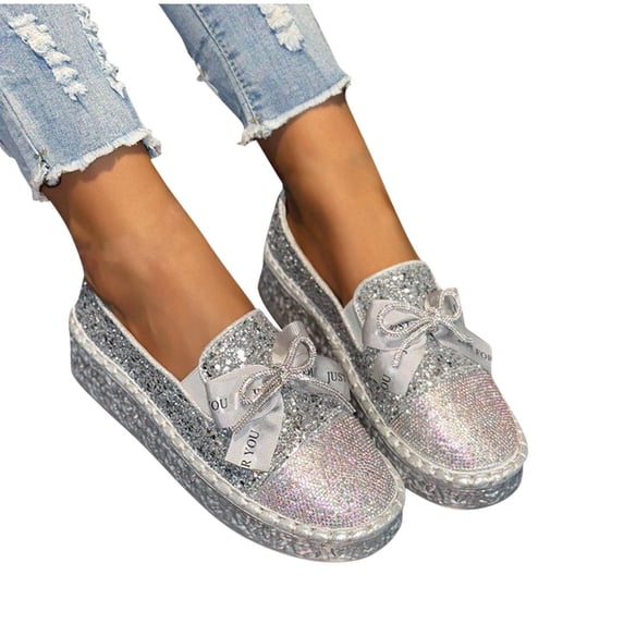 Miluxas Women's Fashion Casual Spring and Summer Rhinestone Bow Round Toe Shallow Slip-On Thick-Soled Casual Shoes Loafers Silver-A 9(42)