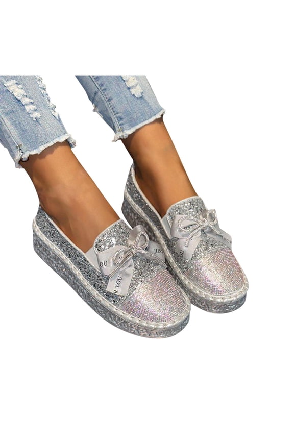 Women's Fashion Casual Spring and Summer Rhinestone Bow Round Toe Shallow Slip-On Thick-Soled Casual Shoes Loafers Silver-A 9(42)