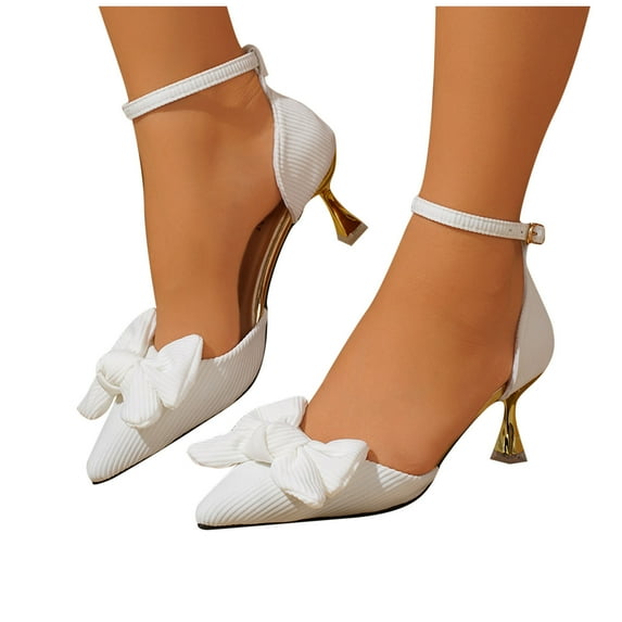 Miluxas Women's Fashion Casual Spring and Summer Style Solid Color Bow Pointed Toe Cap One-Line Buckle High-Heeled Sandals C-White 7.5(40)