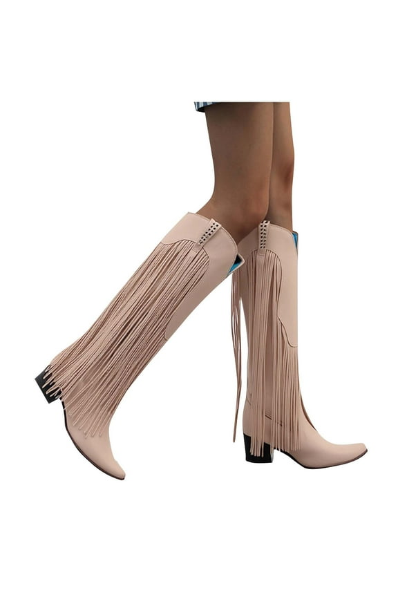 Women's Fashion Casual Tassel Outfit Artifact Fall and Winter Fashion Casual High Heel Boots Beige 6(37)