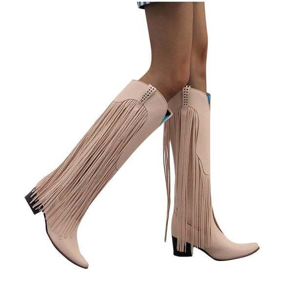 Miluxas Women's Fashion Casual Tassel Outfit Artifact Fall and Winter Fashion Casual High Heel Boots Beige 9.5(43)