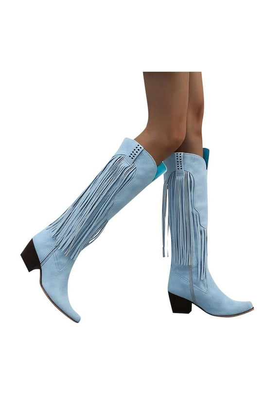 Women's Fashion Casual Tassel Outfit Artifact Fall and Winter Fashion Casual High Heel Boots Light Blue 6(37)