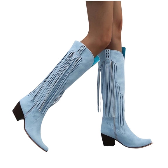 Miluxas Women's Fashion Casual Tassel Outfit Artifact Fall and Winter Fashion Casual High Heel Boots Light Blue 7.5(40)