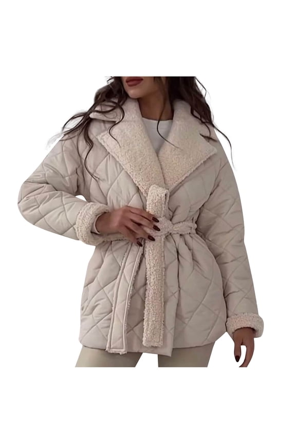 Women's Fashion Cotton Jacket Solid Color Casual Warm Lapel Thick Waist Strap Long Sleeve Outwear Beige L(L)
