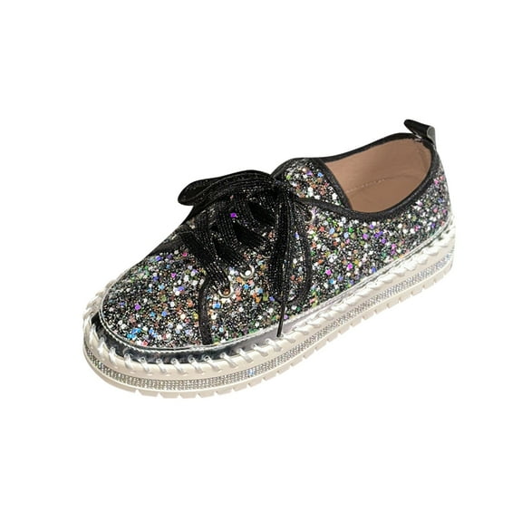 Miluxas Women's Fashion Dress Sneakers Sequined Shiny Embellished Thick Sole Lace up Casual Flats Shoes Black 9.5(43)