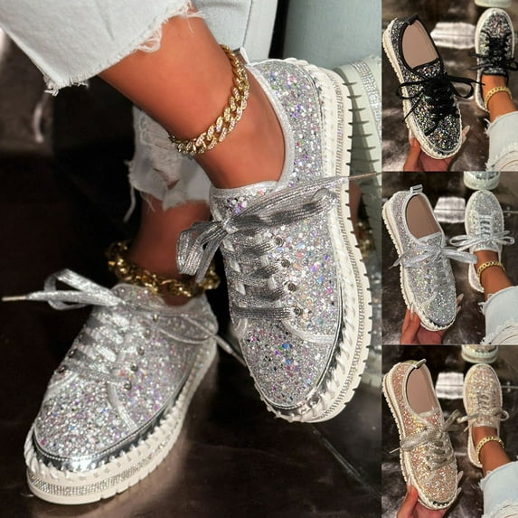 Miluxas Women's Fashion Dress Sneakers Sequined Shiny Embellished Thick Sole Lace up Casual Flats Shoes Silver 9.5(43)