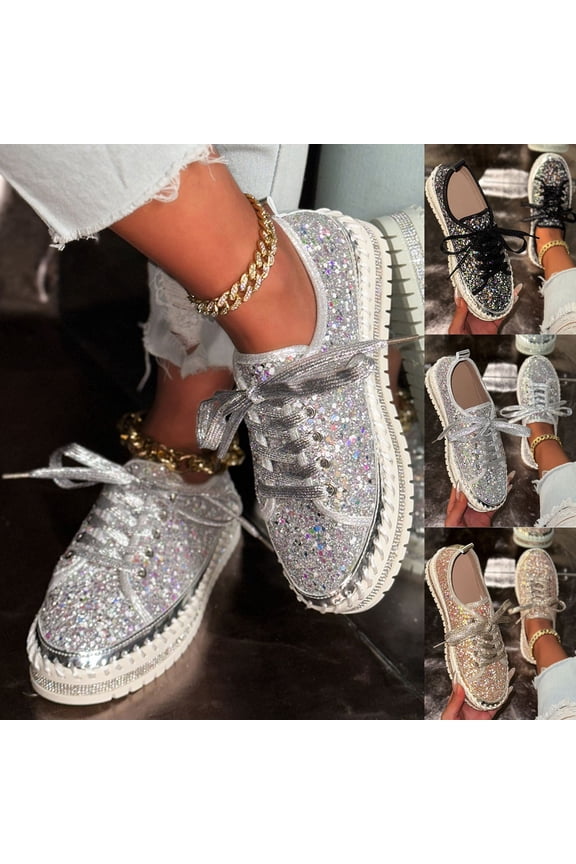 Women's Fashion Dress Sneakers Sequined Shiny Embellished Thick Sole Lace up Casual Flats Shoes Silver 9.5(43)