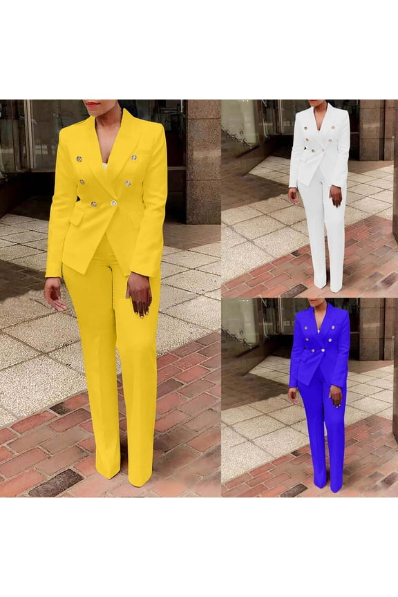 Women's Fashion Fall 2 Piece Pant Suit Solid Color Button V Neck Dressy Long Sleeve Blazer and Slim Fit Pants Set Business Outfits Yellow 10(XL)