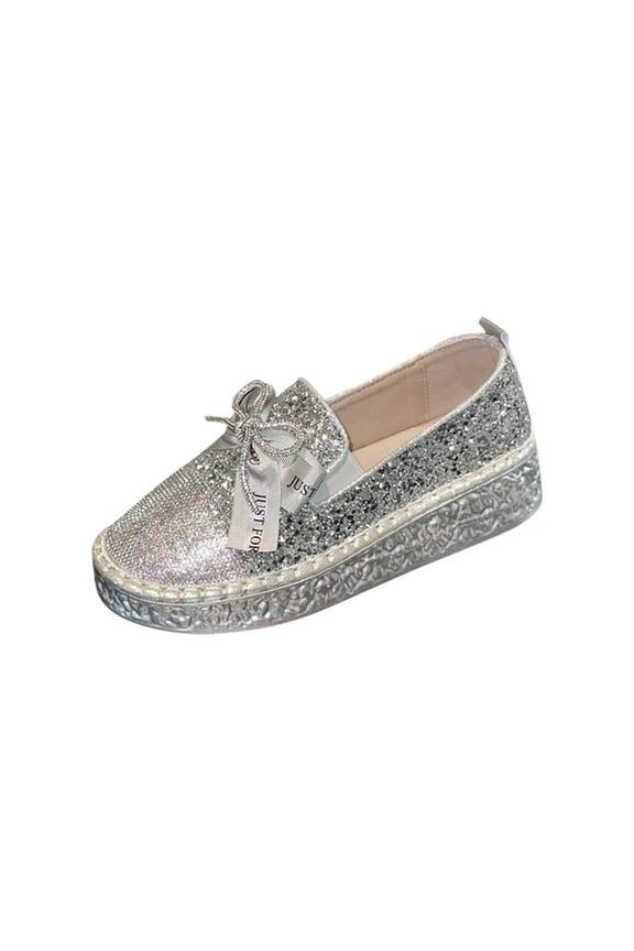 Women's Fashion Glitter Slip on Sneakers Rhinestone Bling Platform Walking Shoes Cute Bowknot Sequin Shiny Loafers Silver 8.5(41)