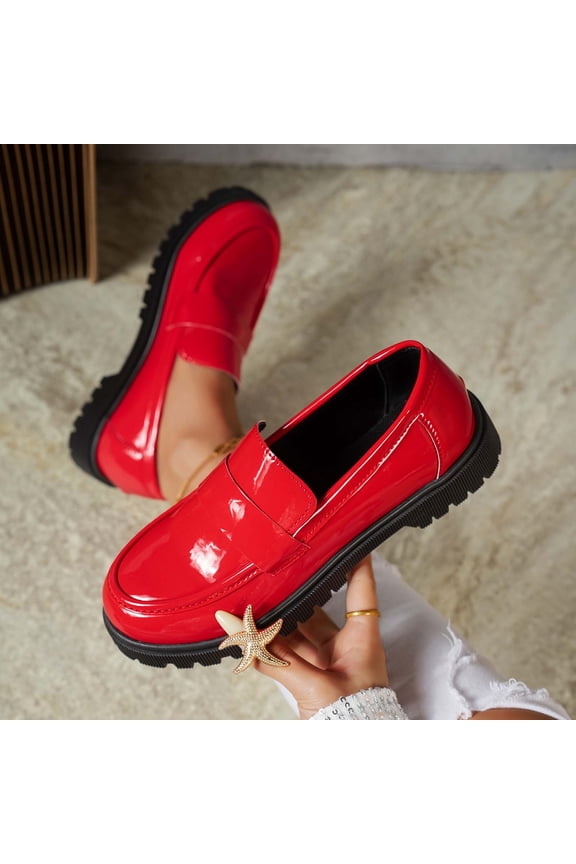 Women's Fashion Loafers, Patent Leather Loafers, Thick-Soled Loafers, Slip-on Loafers, Simple Casual Flat Shoes Red 7(39)