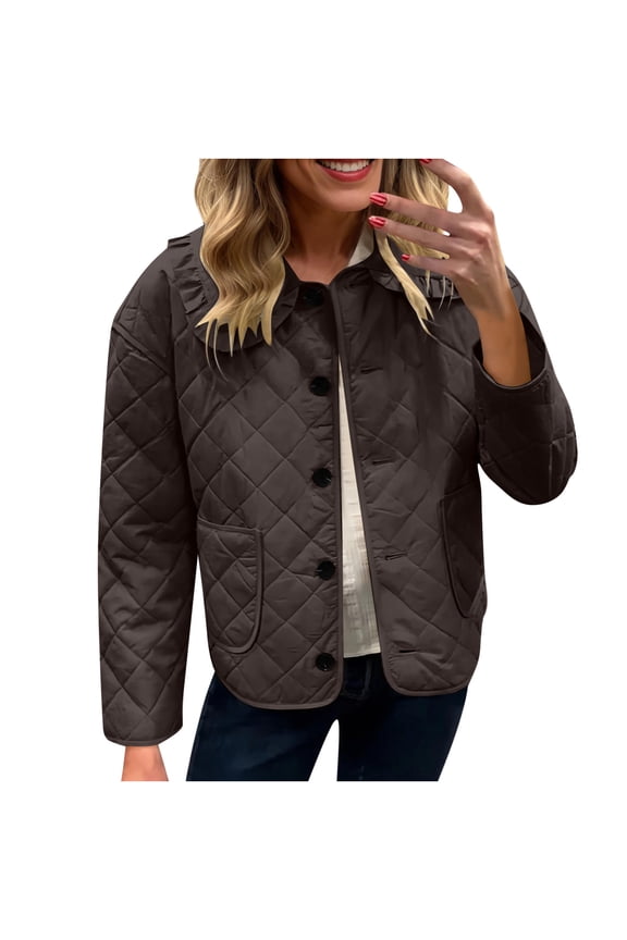 Women's Fashion Loose Long Sleeve Solid Color Casual Quilted Solid Color Cotton Padded Jacket with Pockets Brown S(S)