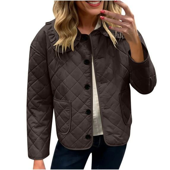 Miluxas Women's Fashion Loose Long Sleeve Solid Color Casual Quilted Solid Color Cotton Padded Jacket with Pockets Brown XXL(XXL)