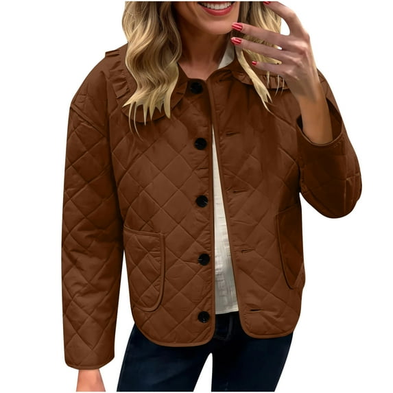 Miluxas Women's Fashion Loose Long Sleeve Solid Color Casual Quilted Solid Color Cotton Padded Jacket with Pockets Coffee XXL(XXL)