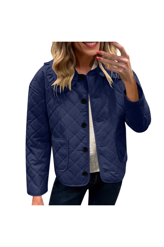 Women's Fashion Loose Long Sleeve Solid Color Casual Quilted Solid Color Cotton Padded Jacket with Pockets Navy S(S)