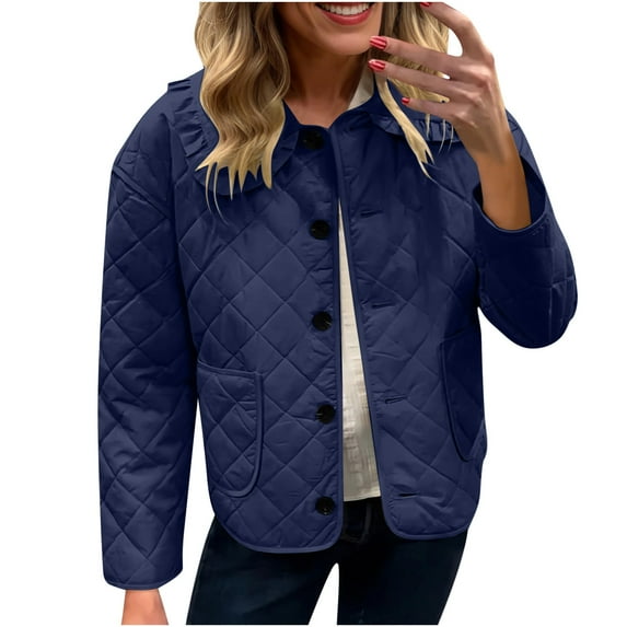 Miluxas Women's Fashion Loose Long Sleeve Solid Color Casual Quilted Solid Color Cotton Padded Jacket with Pockets Navy XL(XL)