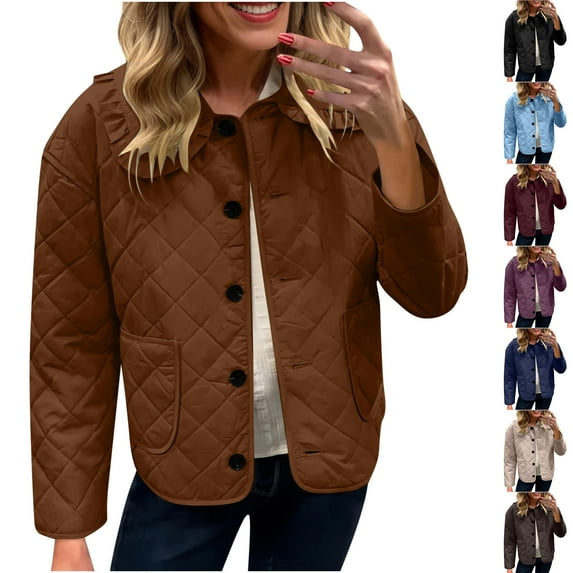 Miluxas Women's Fashion Loose Long Sleeve Solid Color Casual Quilted Solid Color Cotton Padded Jacket with Pockets Wine XL(XL)