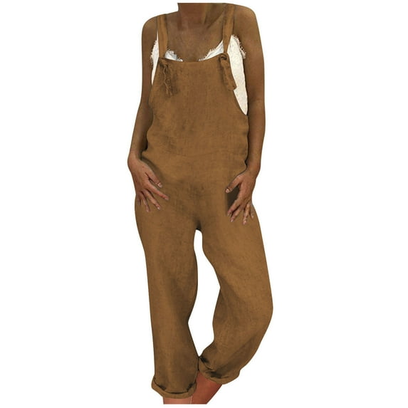 Miluxas Women's Fashion Plus Size Overalls Wide Leg Loose Baggy Solid Color Casual Jumpsuit Rompers Brown XXL