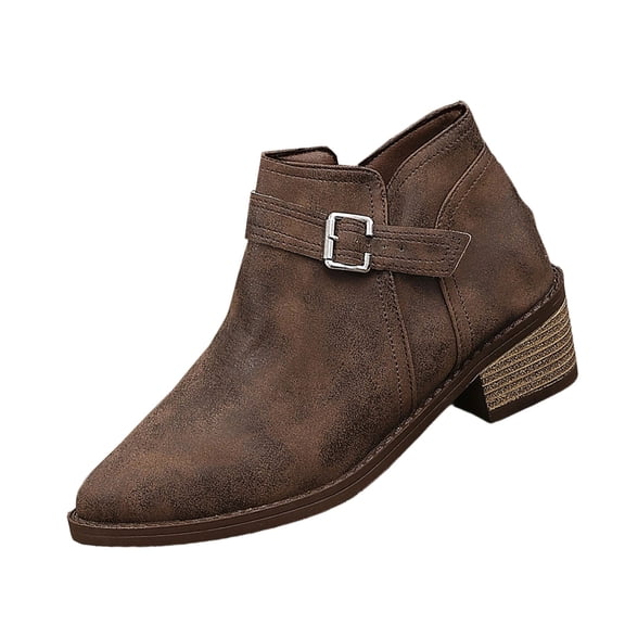 Miluxas Women's Fashion Short Ankle Boots Leather Boots Pointed Toe Low Heel Side Zipper Booties Shoes with Buckle Coffee 8.5(41)
