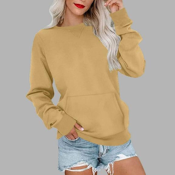 Miluxas Women's Fashion Solid Loose Round-Neck Long Sleeve Pocket Blouse Sweater Yellow S(S)