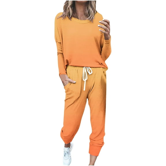 Miluxas Women's Fashion Two Piece Sets Crewneck Drawstring Gradient Casual Comfortable Loose Long Sleeve Top Long Pants Sets Orange XXXXXL(XXXXXL)